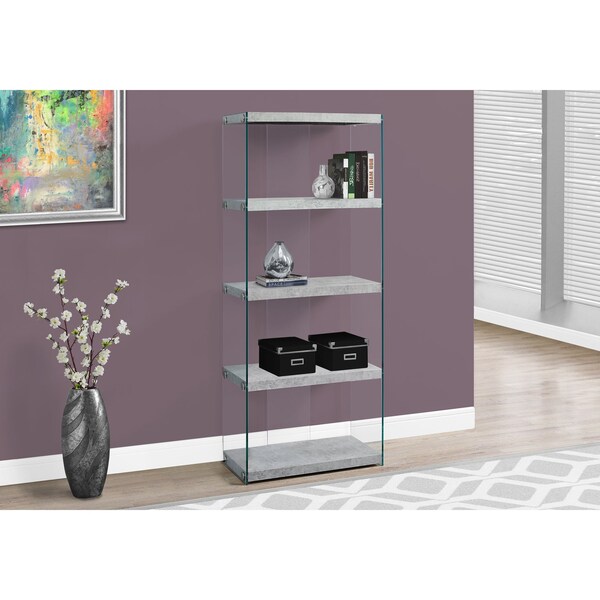 Bookshelf, Bookcase, Etagere, 5 Tier, 60"H, Office, Bedroom, Tempered Glass, Laminate, Grey, Clear